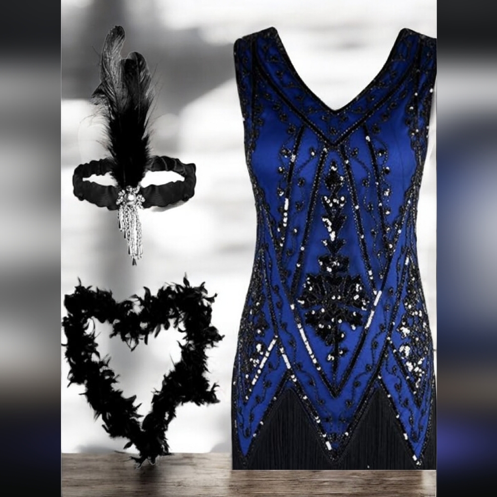 NWT Women's Roaring 1920's Midnight Blue And Black Flapper Dress Size--XL - Picture 3 of 8